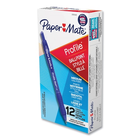 Paper Mate Profile Ballpoint Pen, Retractable, Medium 1 mm, Blue Ink, Translucent Blue Barrel, PK12 PK 2095462
